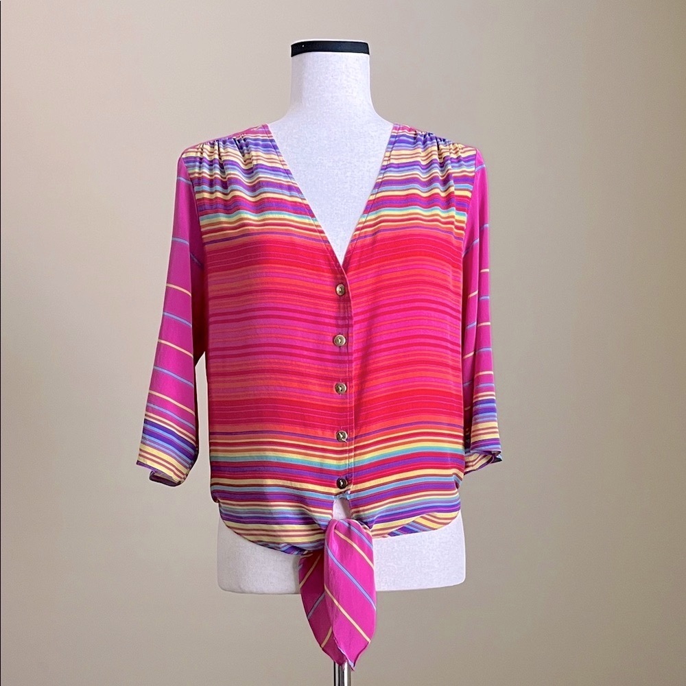 Amanda Uprichard - Silk Button-Down Shirt in Hot Pink Striped - M